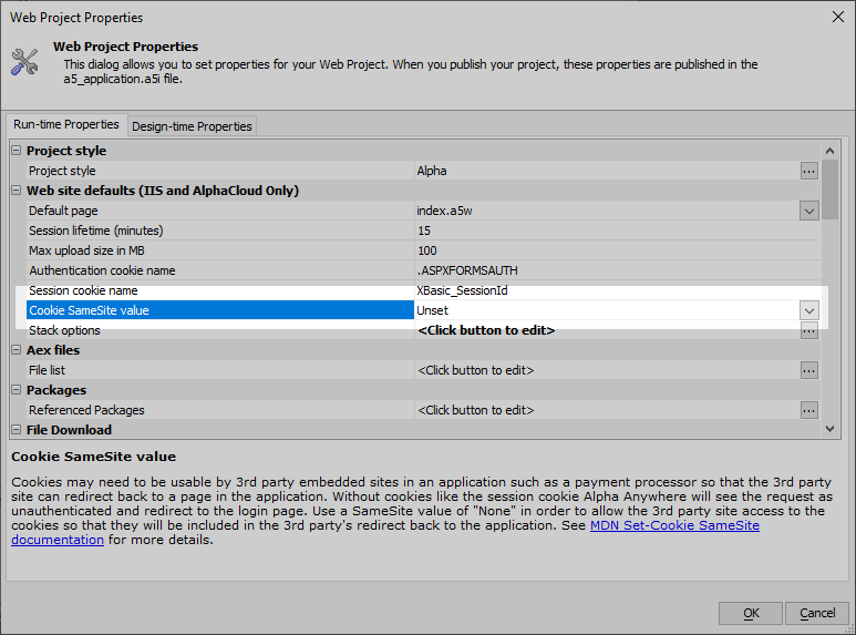 SameSite Cookie Policy is set in the Web Project Properties for IIS and Alpha Cloud